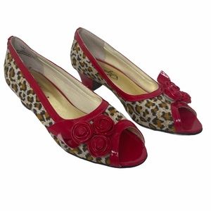 Solwear Red Leopard Print Peep Toe Pumps Size 6M
